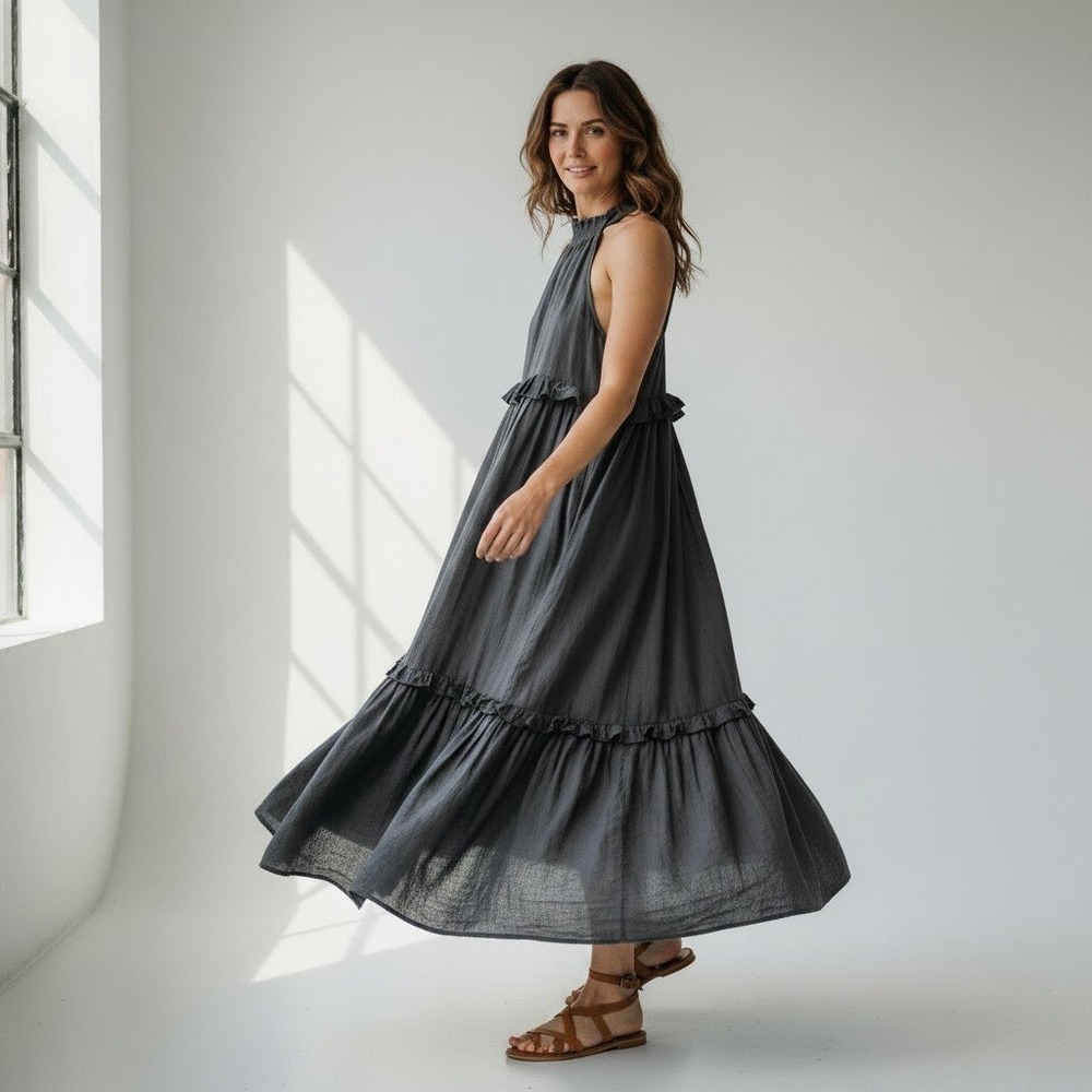 Gray Smocked Halter Tiered Ruffle Midi Dress Sleeveless Back Tie Charcoal L